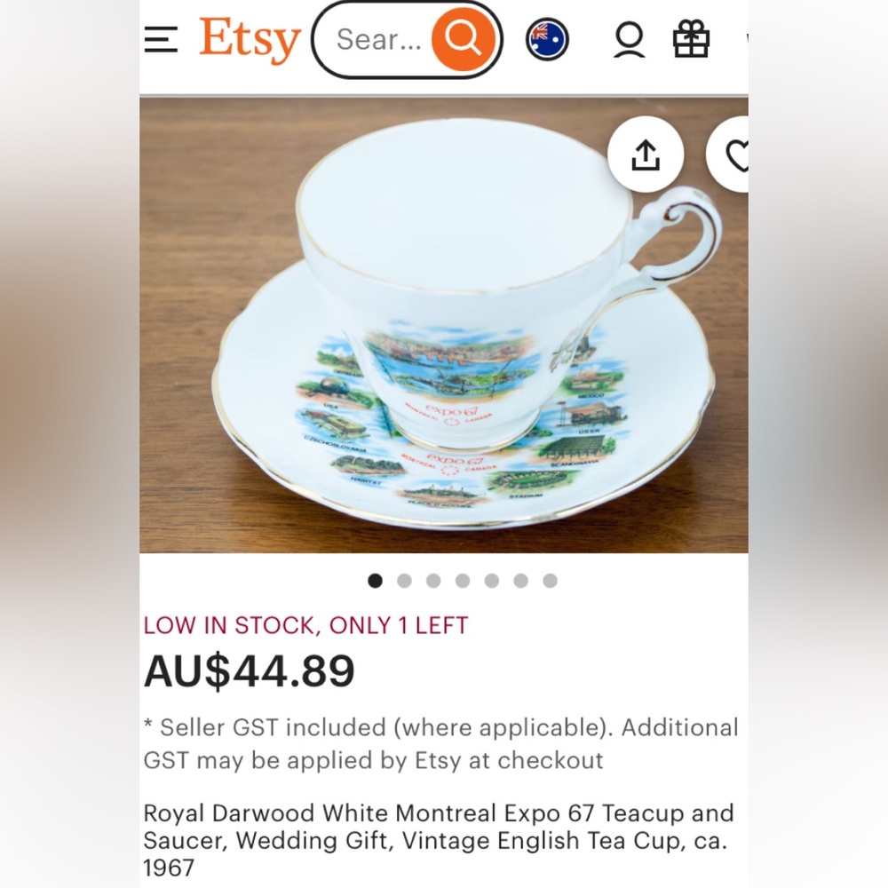 Royal Darwood White Montreal Expo 67 Teacup and Saucer Souvenir